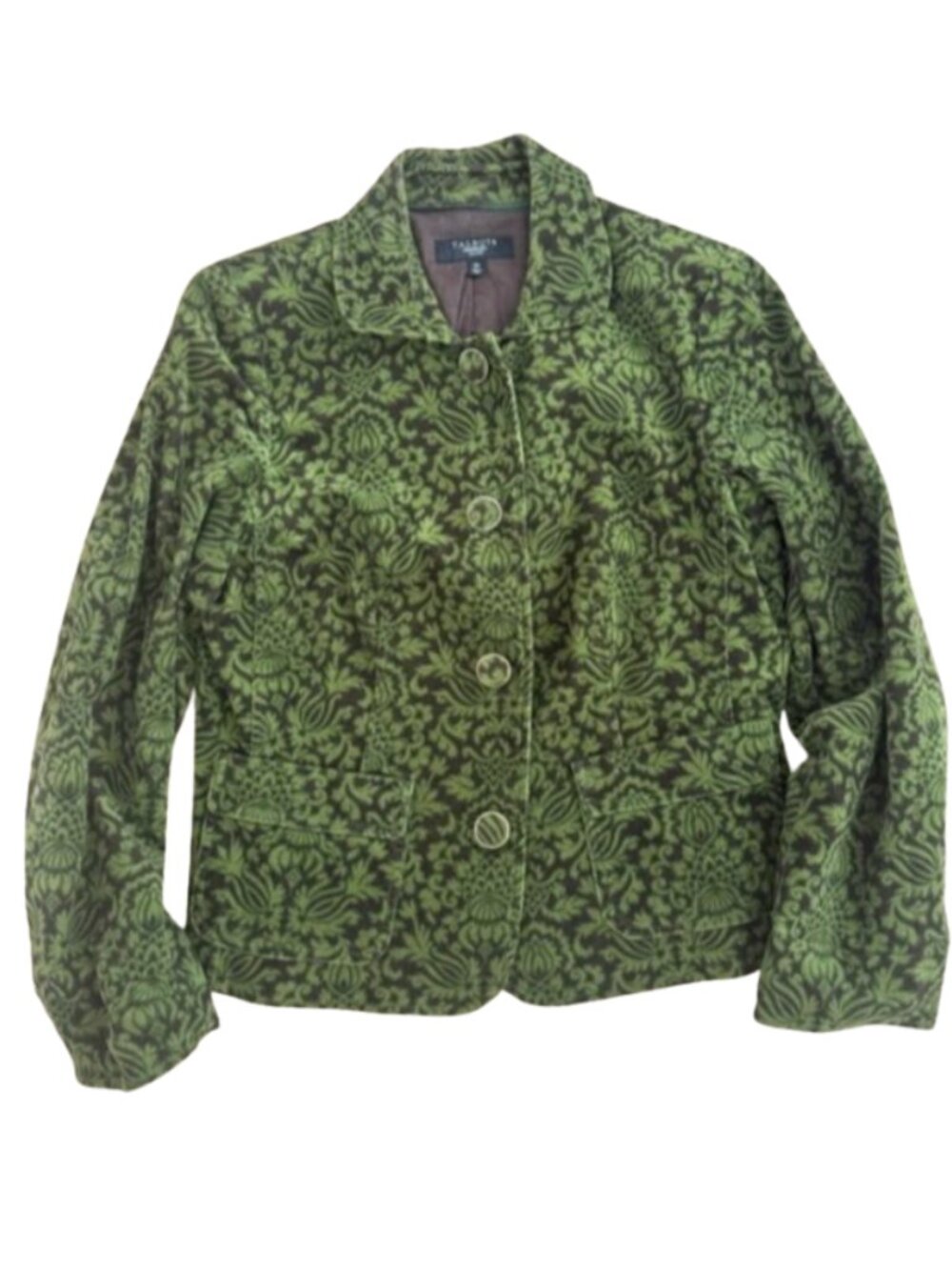 Talbots Vintage Olive Green Patterned Velvet Blazer Womens size 12P cotton
